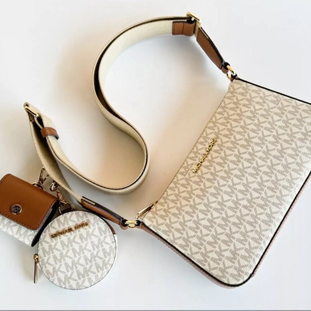 Michael Kors White/Tan Jet Set Logo Crossbody Bag with Case Apple AirPods Pro - Picture 3 of 14
